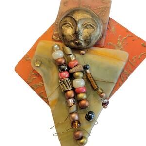 Face Brooch Abstract Artisan Pin Mixed Media Handmade Free Gift Box 2.75"